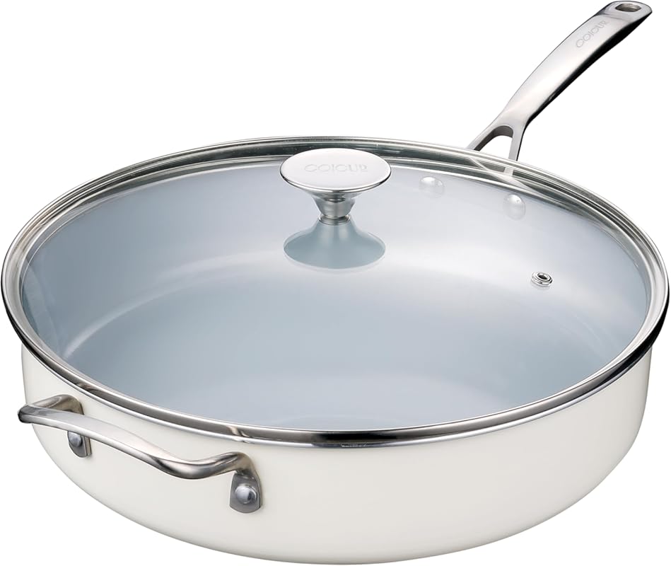 12 Inch Nonstick Sauté Pan with Lid, 5 QT Ceramic Jumbo Cooker, Induct