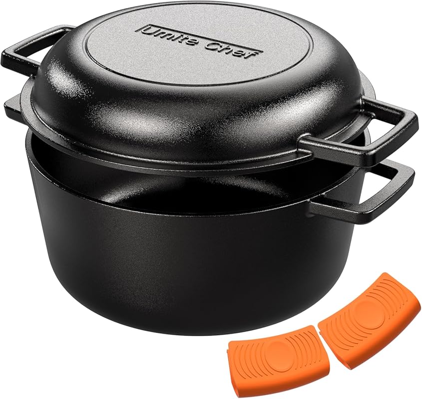 Umite Chef 5 Qt Pre-Seasoned Cast Iron Dutch Oven with Skillet Lid, Du