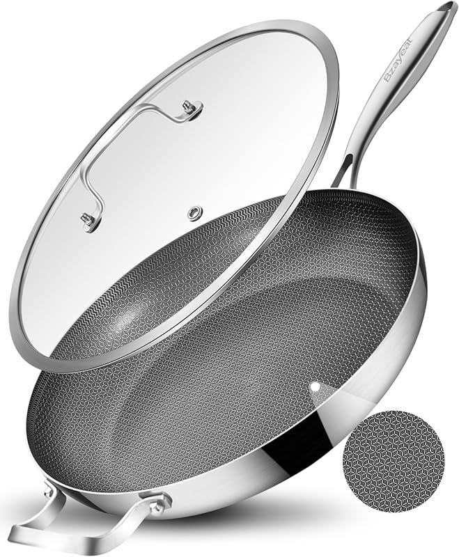 12 Inch Non-Stick Ceramic Stainless Steel Frying Pan with Lid, Helper 