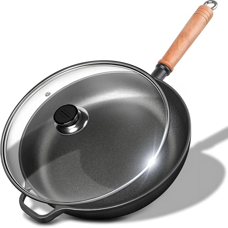 12 Inch Cast Iron Skillet with Lid and Removable Wooden Handle, Pre-Se