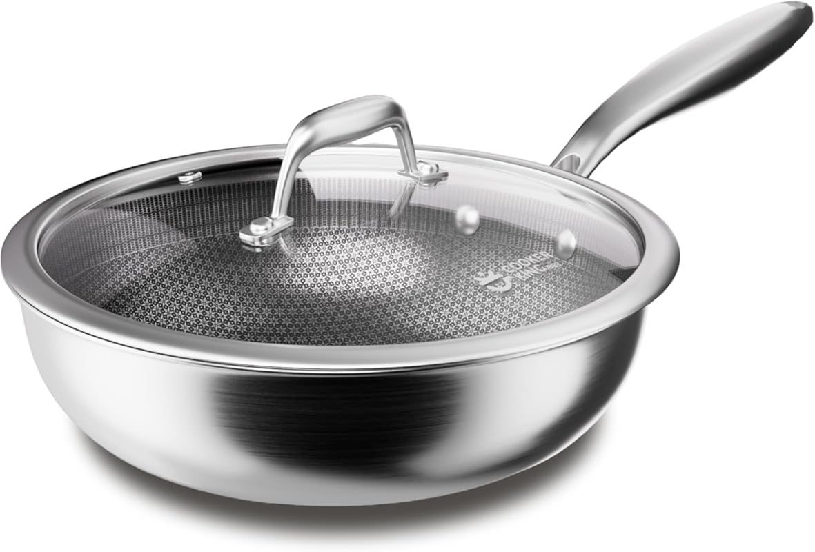 COOKER KING 12-Inch Hybrid Stainless Steel Wok with Lid, Nonstick Stir