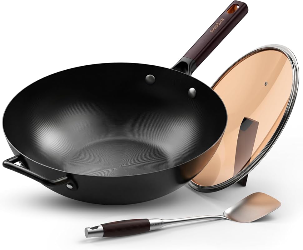 13.5" Carbon Steel Wok Pan with Lid & Spatula, Pre-Seasoned Flat Botto