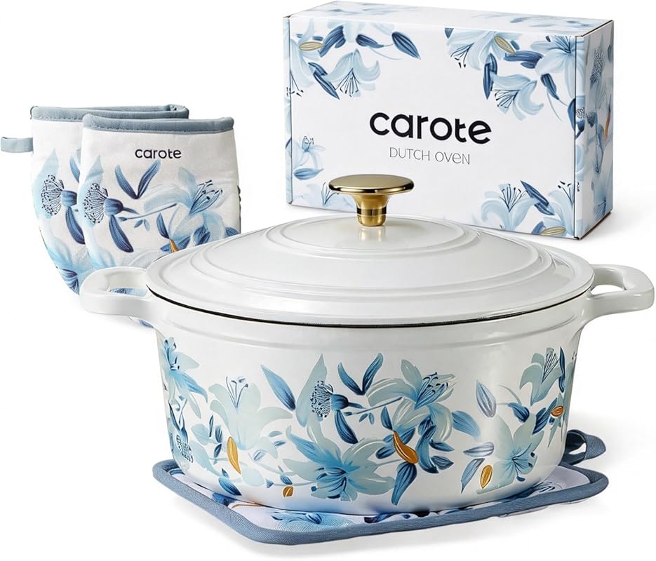 CAROTE 5QT Enameled Cast Iron Dutch Oven with Lid, Floral Design, Cott