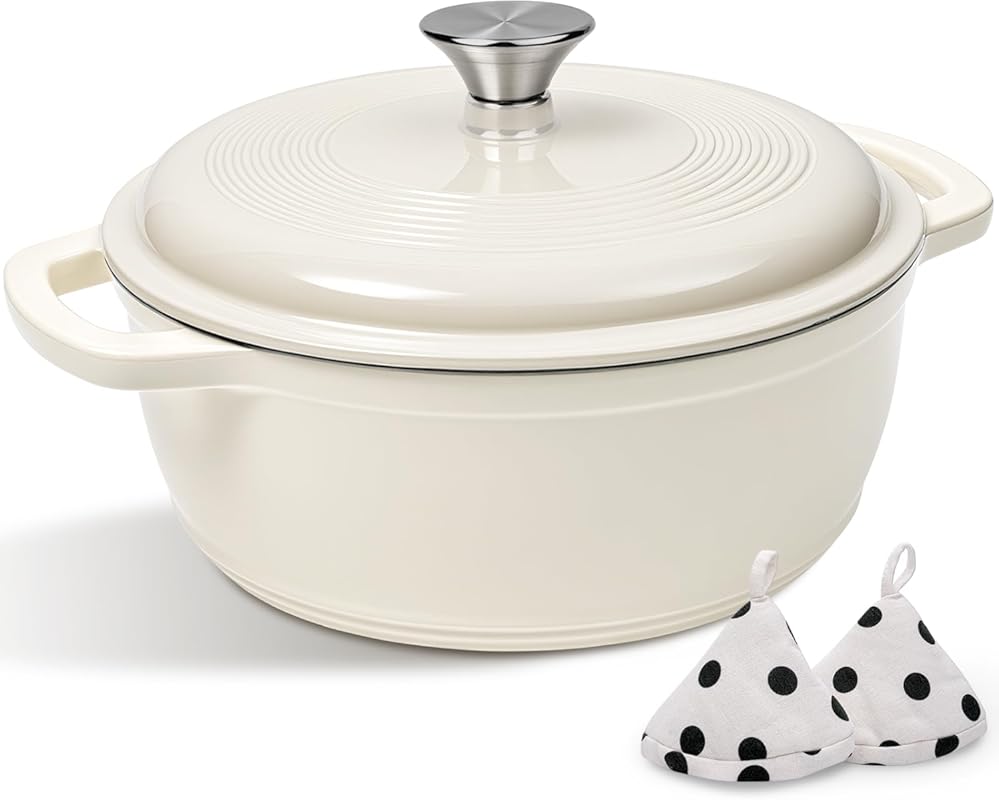 AIVIKI 5QT Cream White Enameled Cast Iron Dutch Oven with Lid and Cott