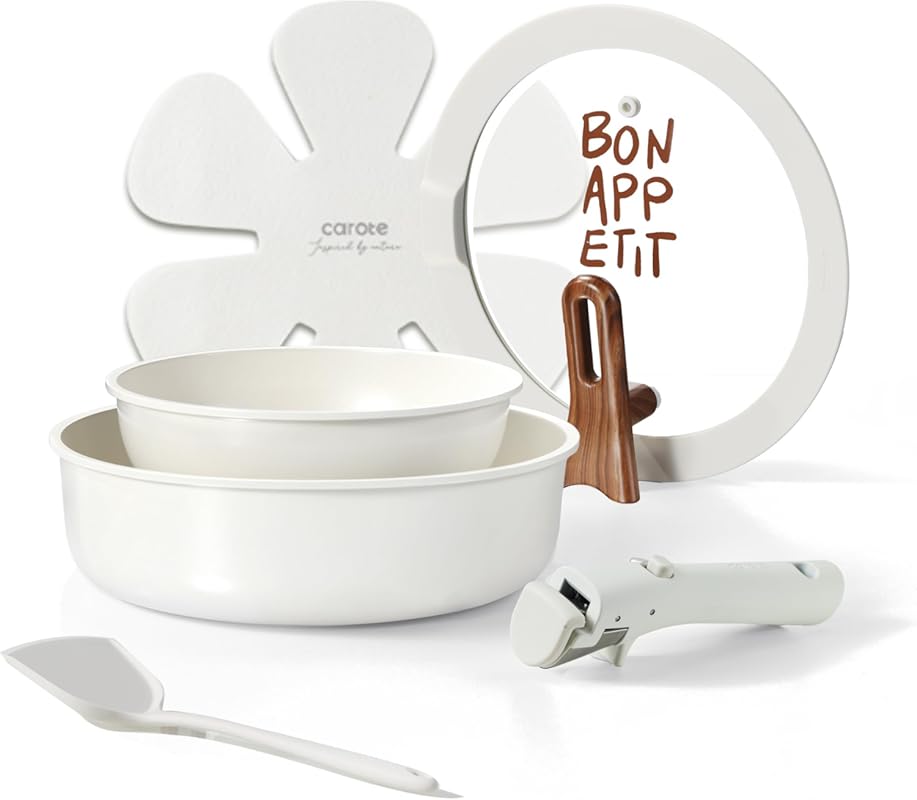 CAROTE Ceramic Nonstick Pots and Pans Set with Lids, Detachable Handle