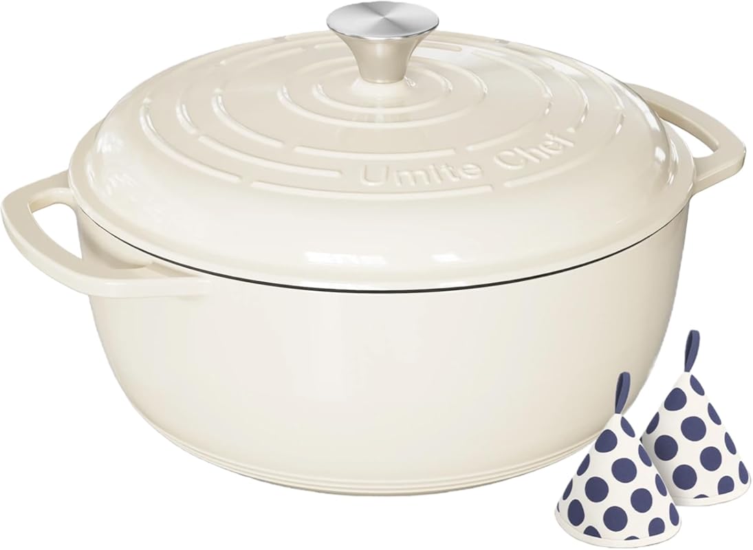 Umite Chef 6 Qt Cream White Enameled Cast Iron Dutch Oven, Heavy-Duty