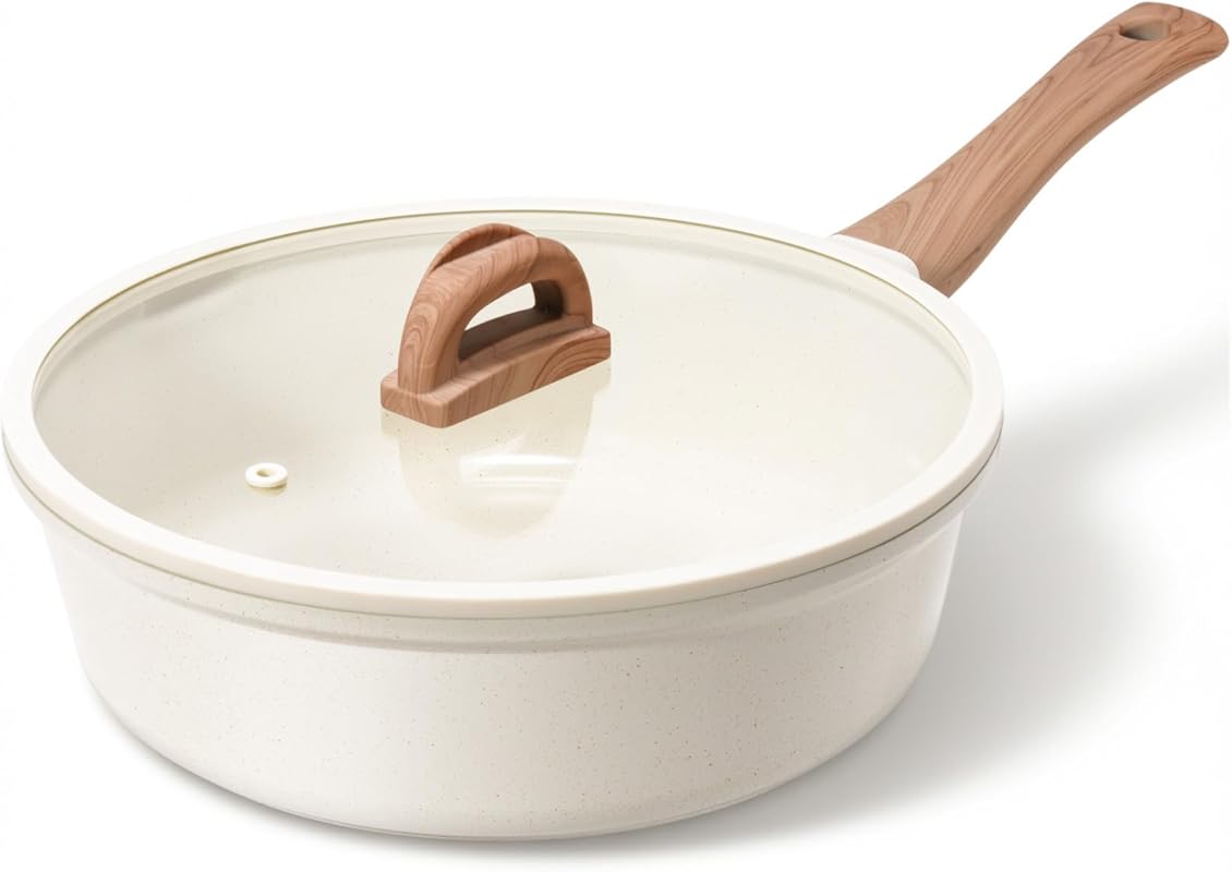 Ceramic Nonstick 4 Quart Frying Pan with Lid, Large Capacity White Gra