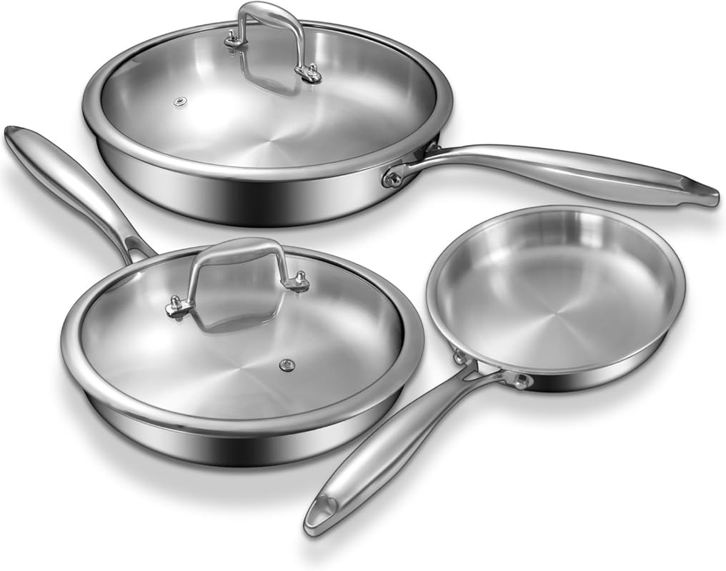 EWFEN Tri-Ply Stainless Steel Frying Pans Set with Lids, 8”/10”/12”, P
