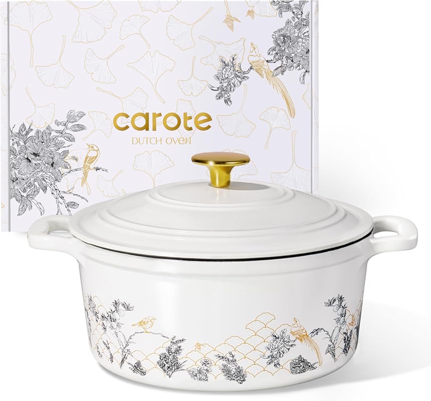 CAROTE 5 Qt Enameled Cast Iron Dutch Oven with Floral Design, Oven Saf