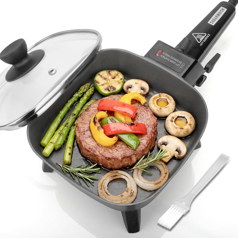 Small 7-Inch Ceramic Coated Electric Skillet with Lid, Personal Square
