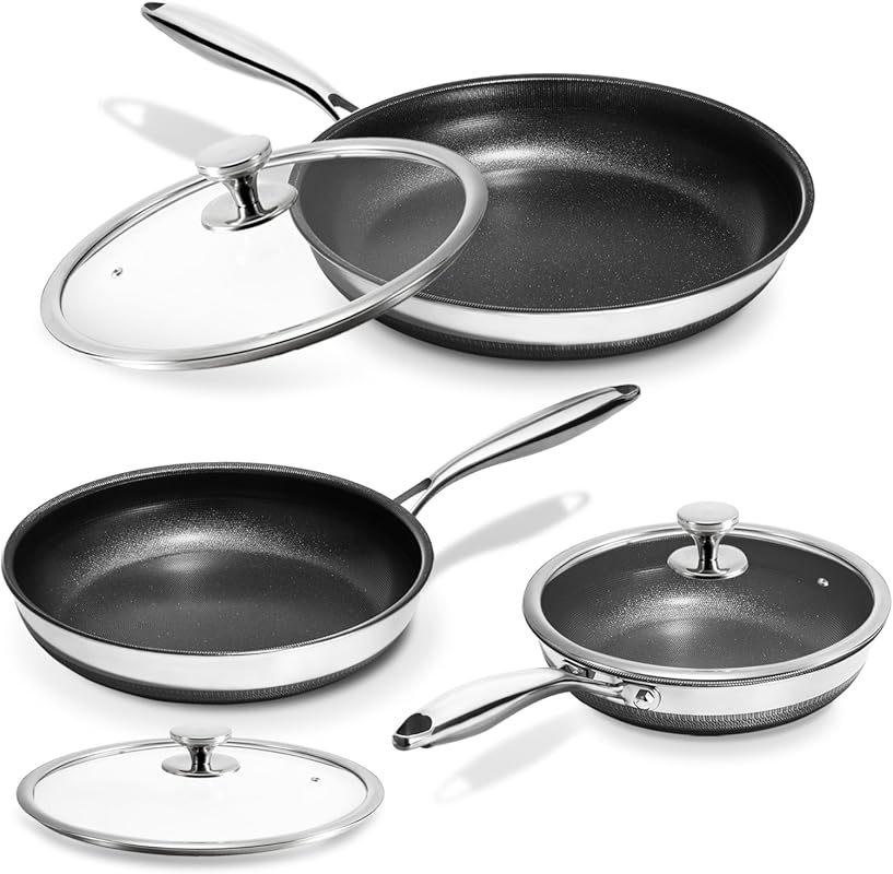 KOKHUB Titanium Ceramic Tri-Ply Frying Pan Set with Lids, 8