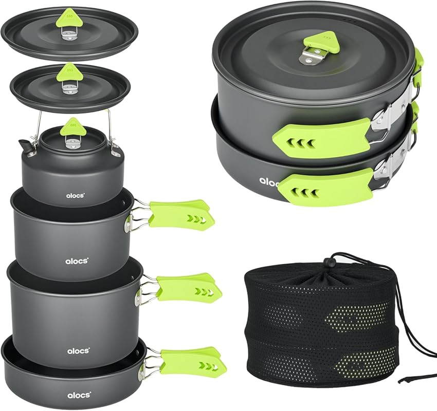 Alocs Lightweight Camping Cookware Set with Portable Pots, Pans and Ke