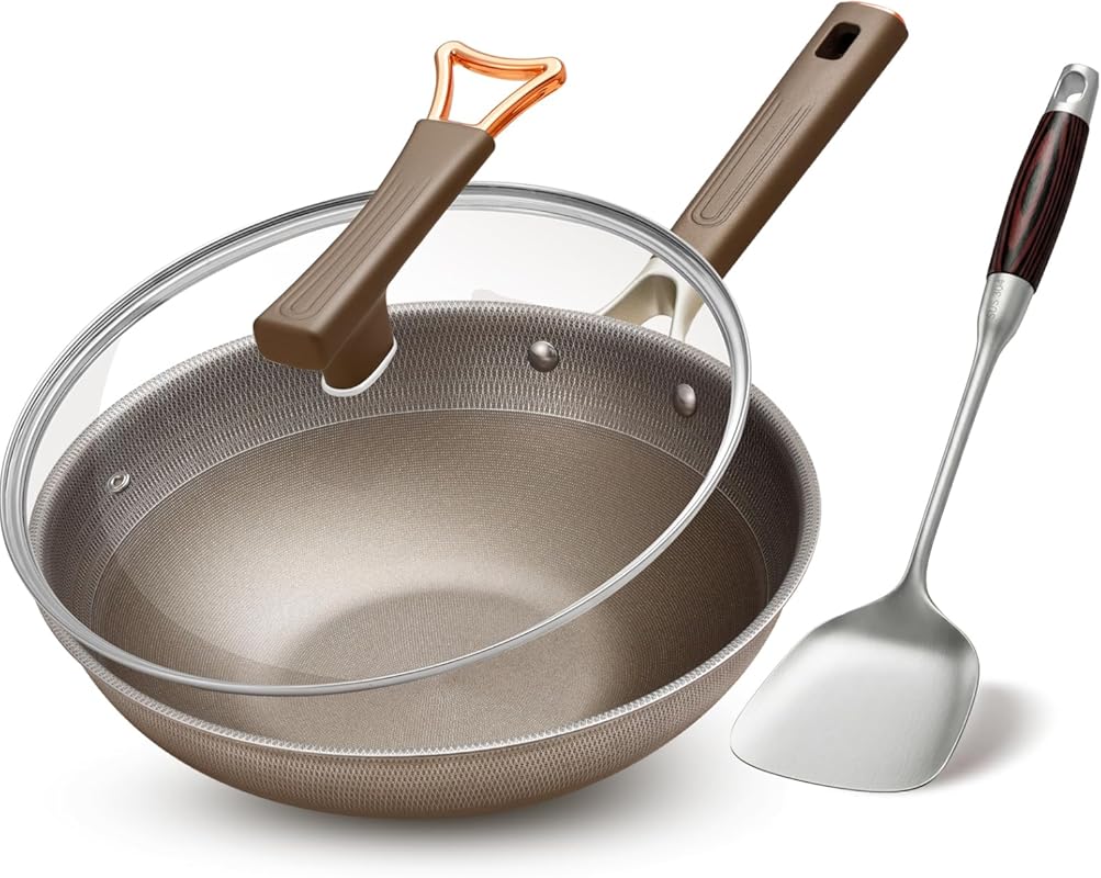 13 Inch Titanium Nonstick Wok Pan with Lid, Cool-Touch Handle, Dishwas