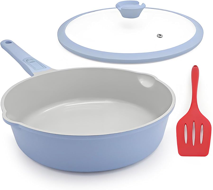 12 Inch Nonstick Ceramic Frying Pan with Lid, Detachable Handle, Oven 