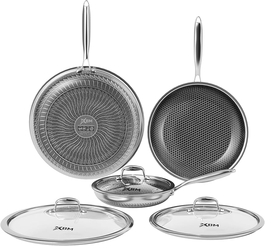 Honeycomb Stainless Steel Nonstick Frying Pan Set with Lids, Induction