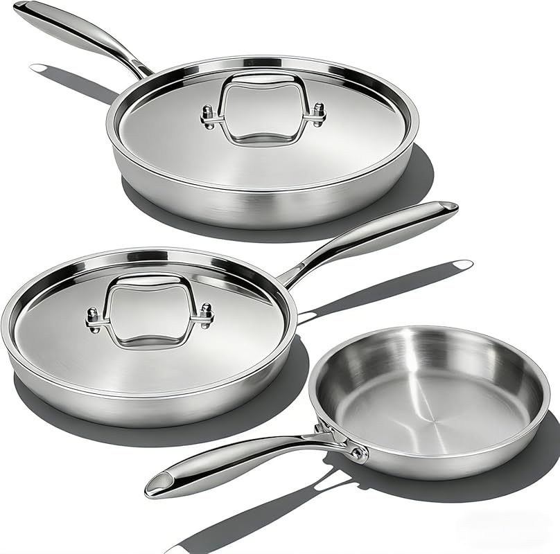 Umite Chef 3-Piece 5-Ply Stainless Steel Frying Pan Set with Lids, 8