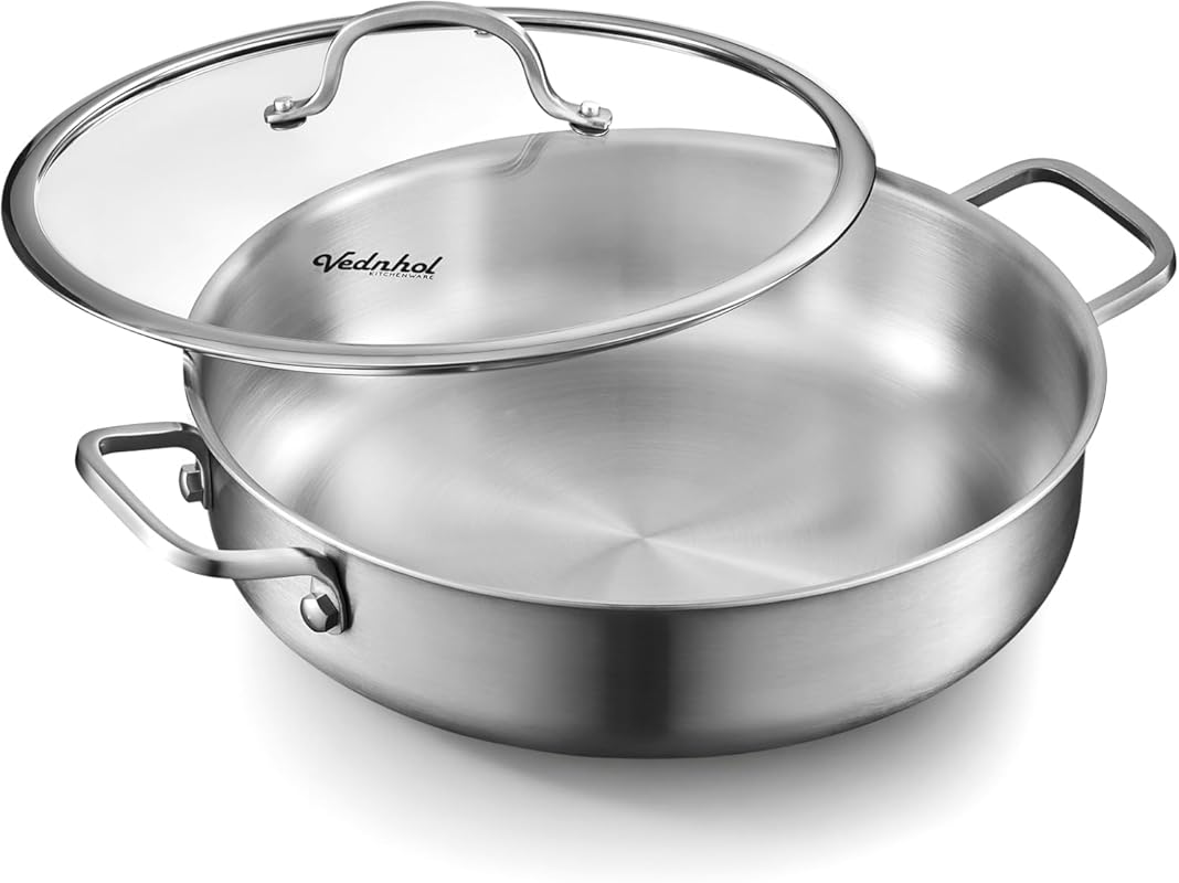 12 Inch 7 QT Tri-Ply Stainless Steel Saute Pan with Lid, Deep Frying B