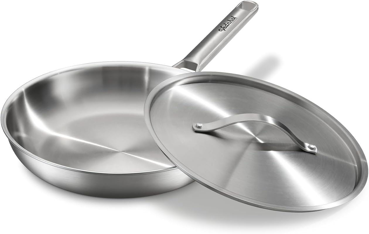 12 Inch Fully Clad Tri-Ply Stainless Steel Frying Pan with Lid, Even H
