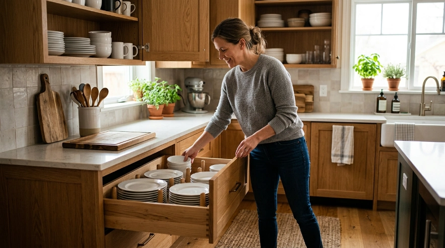Kitchen showing plates in a lower dish drawer beside dishes stored in an upper cabinet