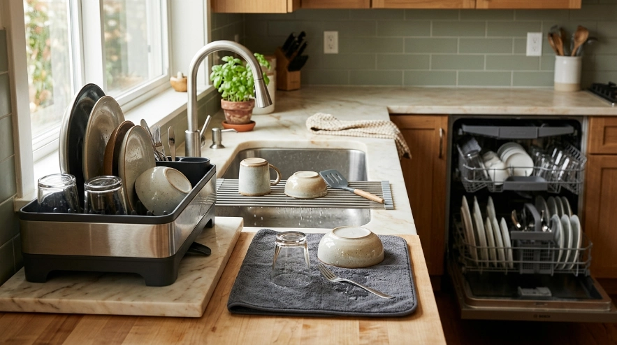 Pans and lids drying safely on a sturdy dish rack with fragile glasses separated.