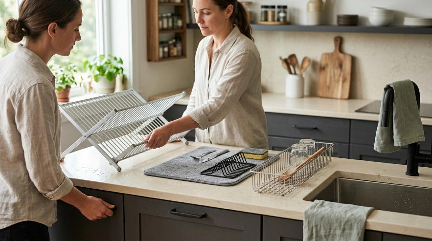 Dish mat beside a dish rack showing differences in capacity, organization, drainage, and space.