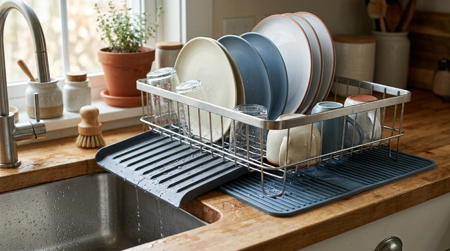 Dish rack showing a silicone drying mat beside a sloped drain board near a kitchen sink.