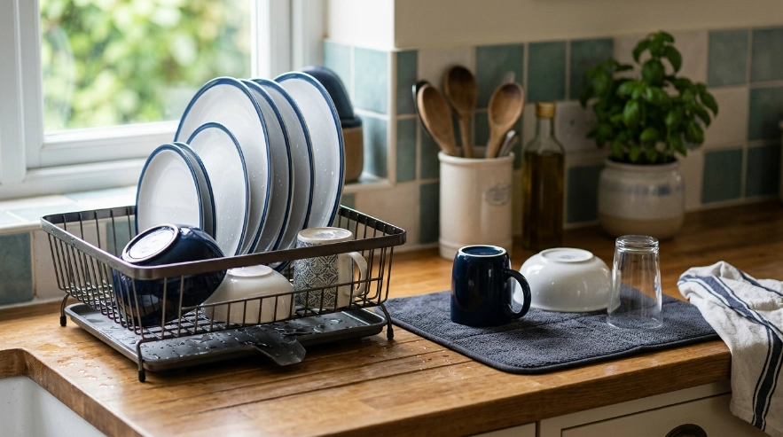 Dish rack with upright plates beside a compact drying mat holding a small dish load.