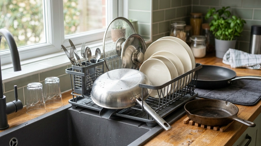 Dish rack, drying mat, over-sink rack and dishwasher shown in one realistic kitchen.