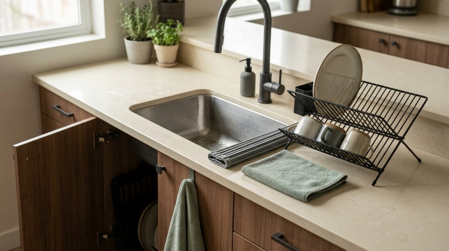 Fold-flat rack, drying mat, and expandable drainer showing easy-to-hide dish rack options