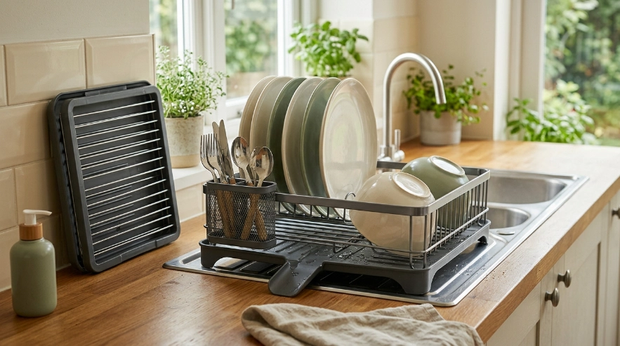 Expandable dish rack with spaced plates, drainage spout, and clear kitchen counter