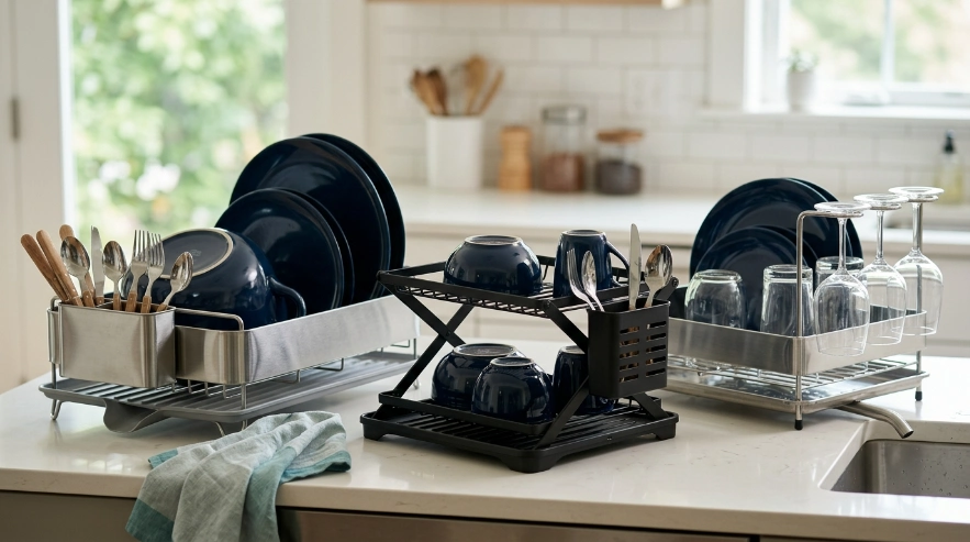 Dish rack with spaced plates, tilted bowls, and inverted cups improving airflow and drainage