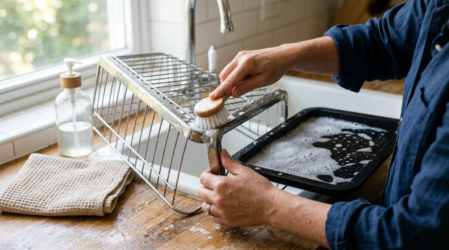 Person scrubbing an empty dish rack and drainage tray beside a kitchen sink