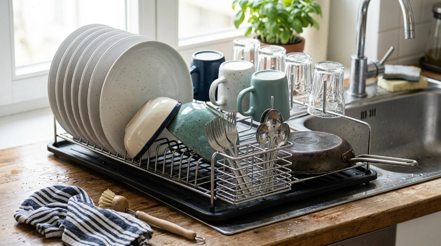 Compact kitchen using a foldable dish rack, over-sink drying space, and staged dish unloading
