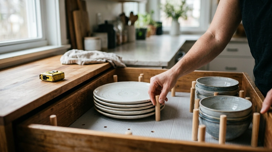 Hands securing stacked plates and bowls with pegs over a non-slip drawer liner