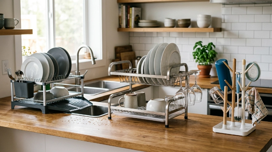 How do you use a dish rack with plates upright, bowls angled, and utensils separated.