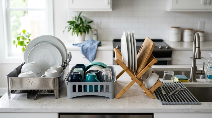 Countertop dish rack with plate slots, utensil cup, drainboard, and spout directing water into sink.