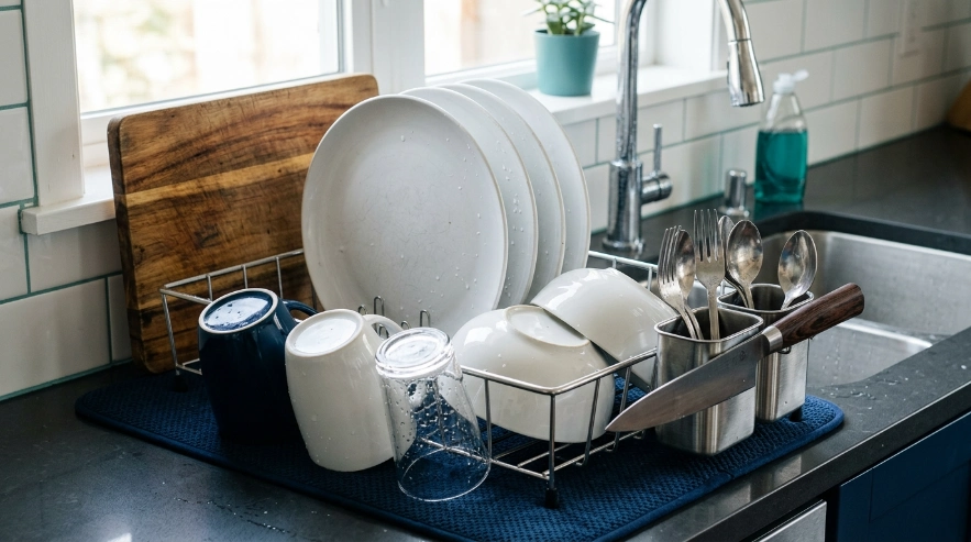 Plates upright, bowls angled, cups inverted, utensils separated in a properly loaded dish rack