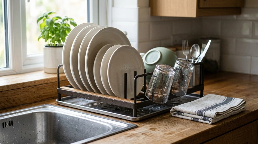 Clean plates and glasses air-drying upright in a dish rack beside a folded towel.