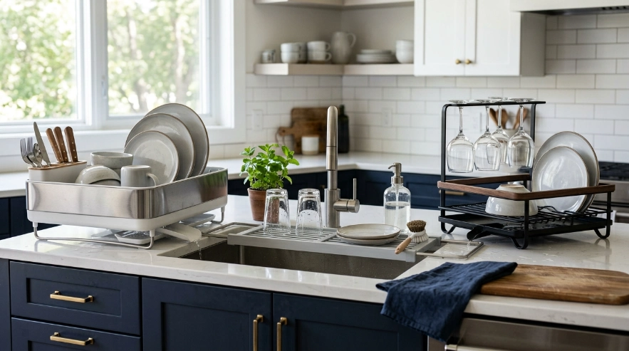 Three modern dish rack styles for large loads, small counters, and premium kitchen setups.