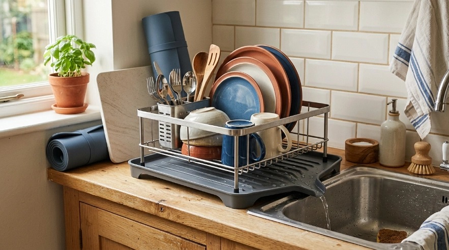 Dish rack over a washable draining tray that directs water into the kitchen sink