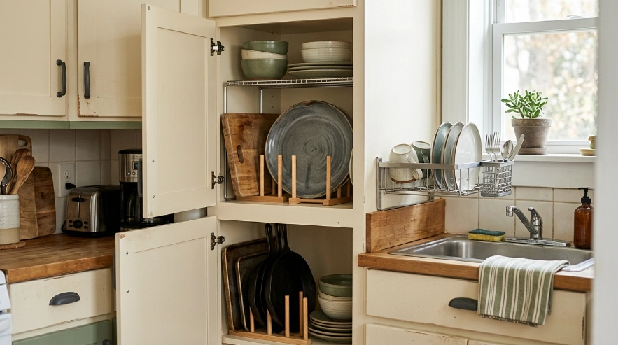 Dry dishes stored in a cabinet beside wet plates air-drying on a kitchen rack