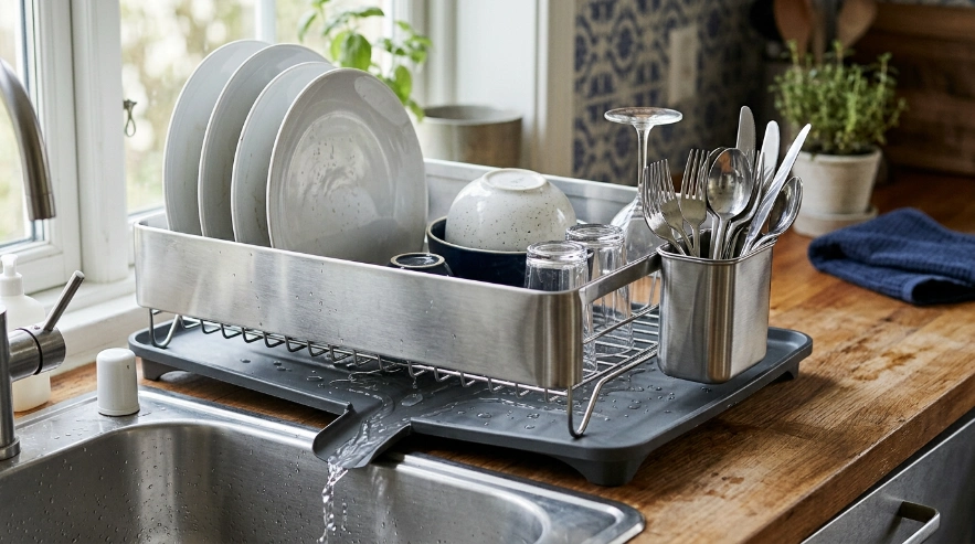 tainless steel, plastic, bamboo, and silicone-coated dish racks compared in a modern kitchen.