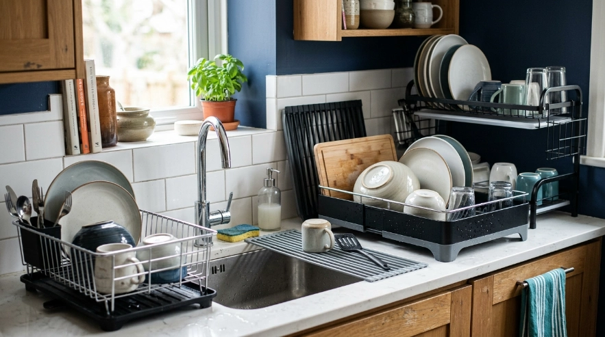 Countertop, expandable, fold-flat, roll-up, and two-tier dish racks shown in a modern kitchen.