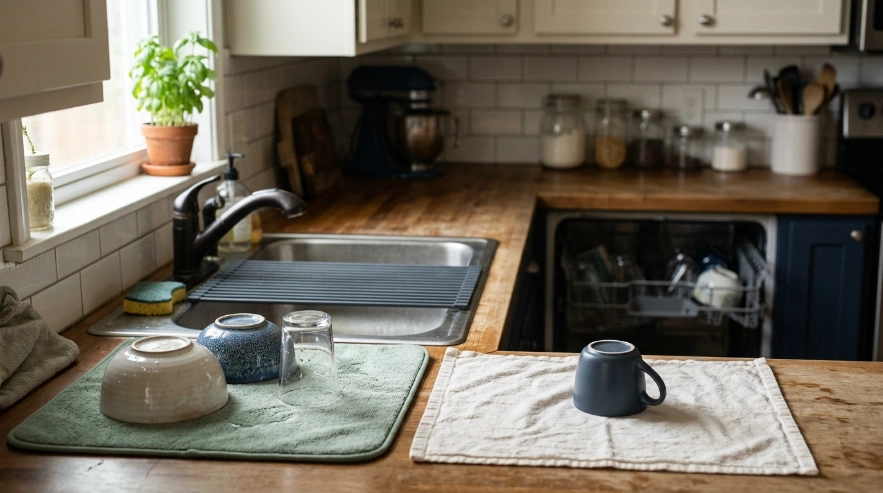 Drying mat, clean towel, roll-up sink rack, and dishwasher used instead of a dish rack.