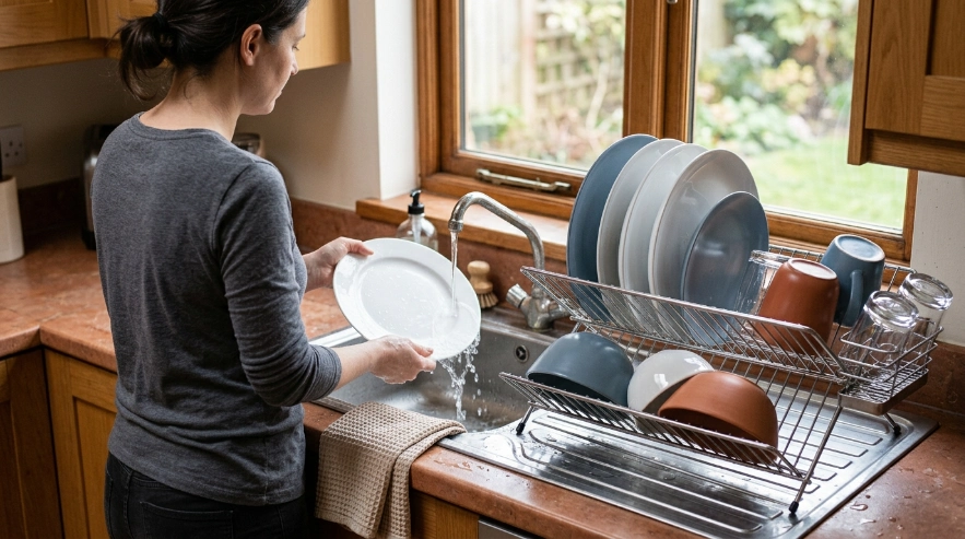 What is the best dish rack setup contrasted by overcrowding, nested bowls, and blocked drainage.