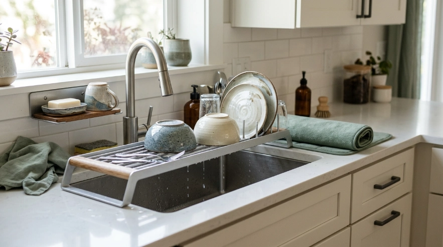 Are dish racks out of style? Modern over-sink, foldable and wall-mounted drying solutions in a compact kitchen.