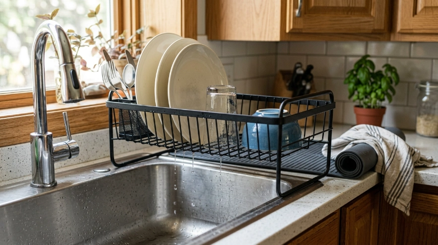 Over-the-sink dish drying rack holding wet plates and utensils above a kitchen sink