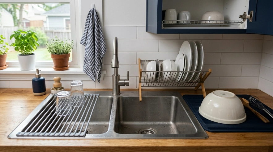 Over-sink, folding, roll-up, and mat drying options replacing a bulky traditional dish rack.