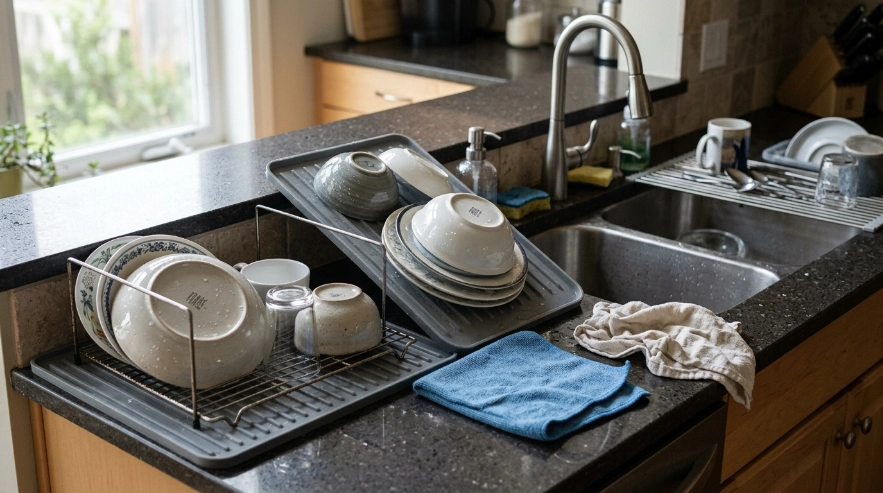 Silicone mat, drainboard, microfiber mat, towel and over-sink rack beside a kitchen sink.