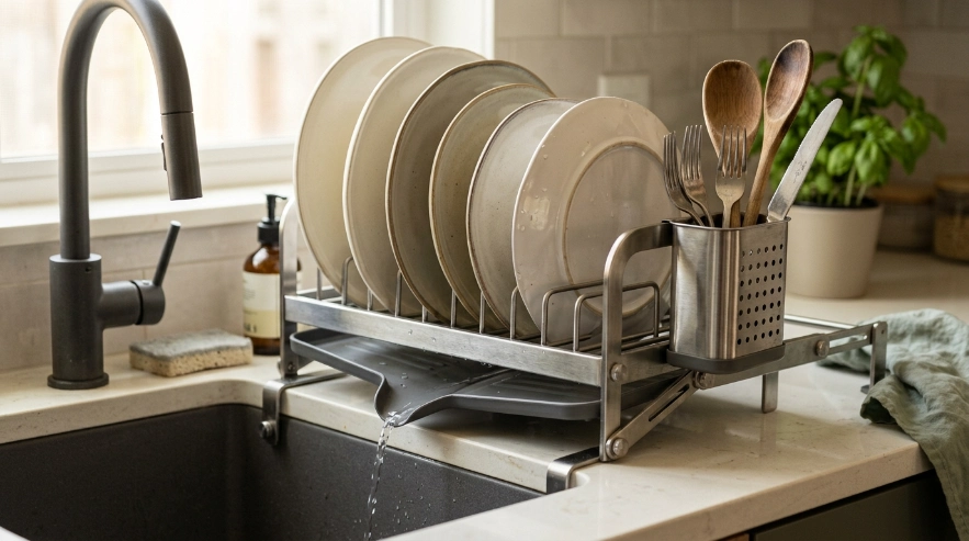 Are dish racks out of style? Modern rack with drain spout, stable slots and removable utensil holder.